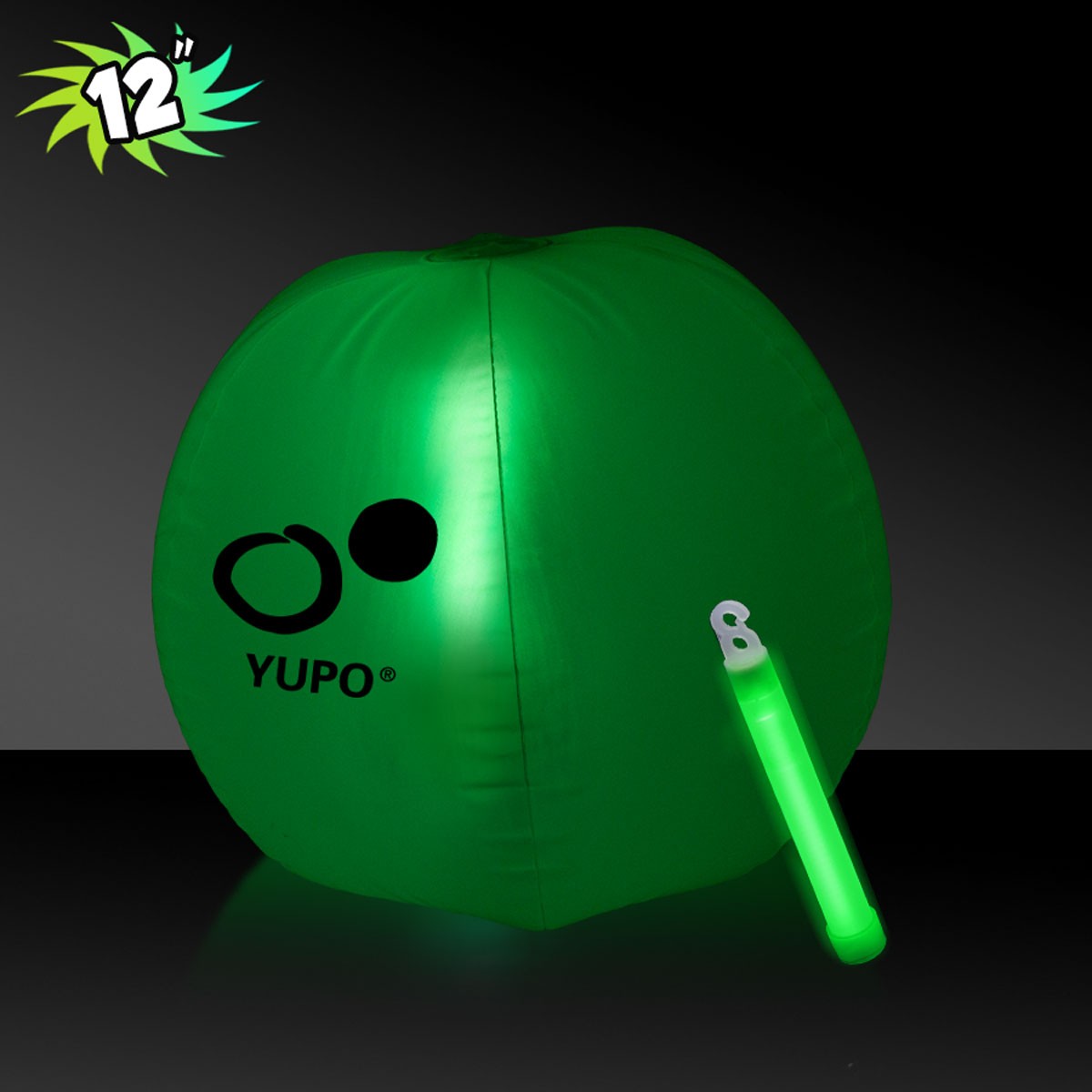12 Inch Inflatable Beach Balls with 1 - 6 Inch GREEN Glow Stick