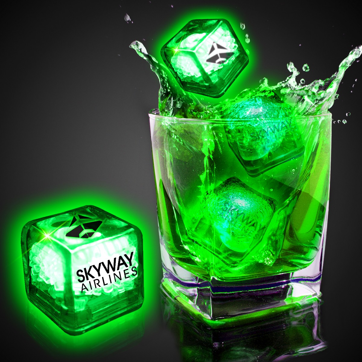 Imprinted Green Liquid Activated Light Up Ice Cubes