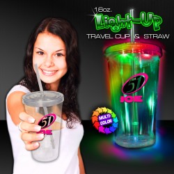 Multi-color Light Up Travel Cup with CLEAR Lid and Straw